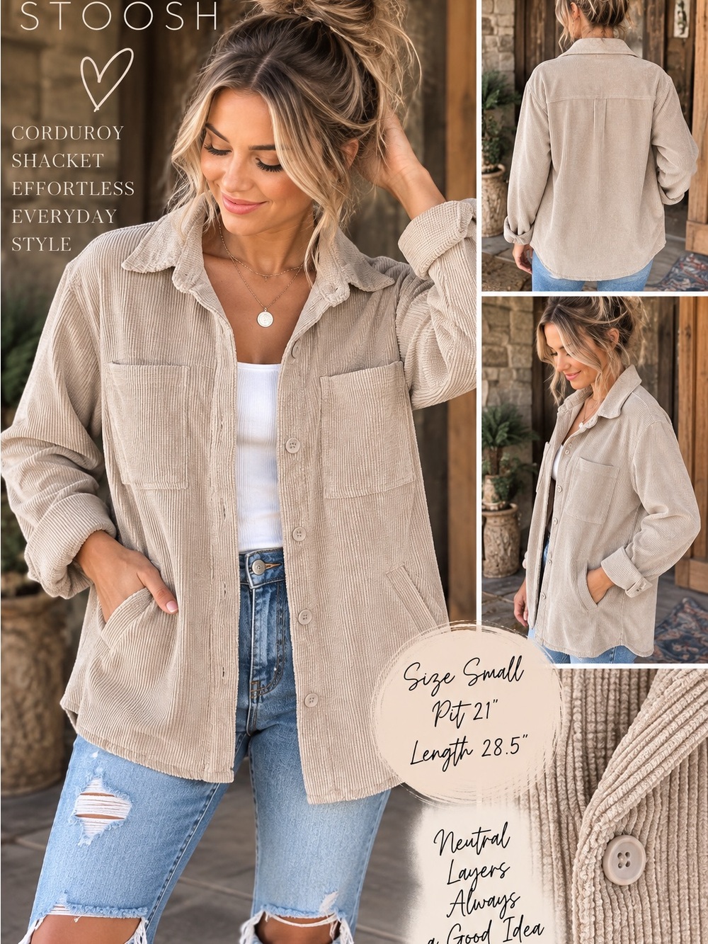 Stoosh Beige Corduroy Button-Down Shacket